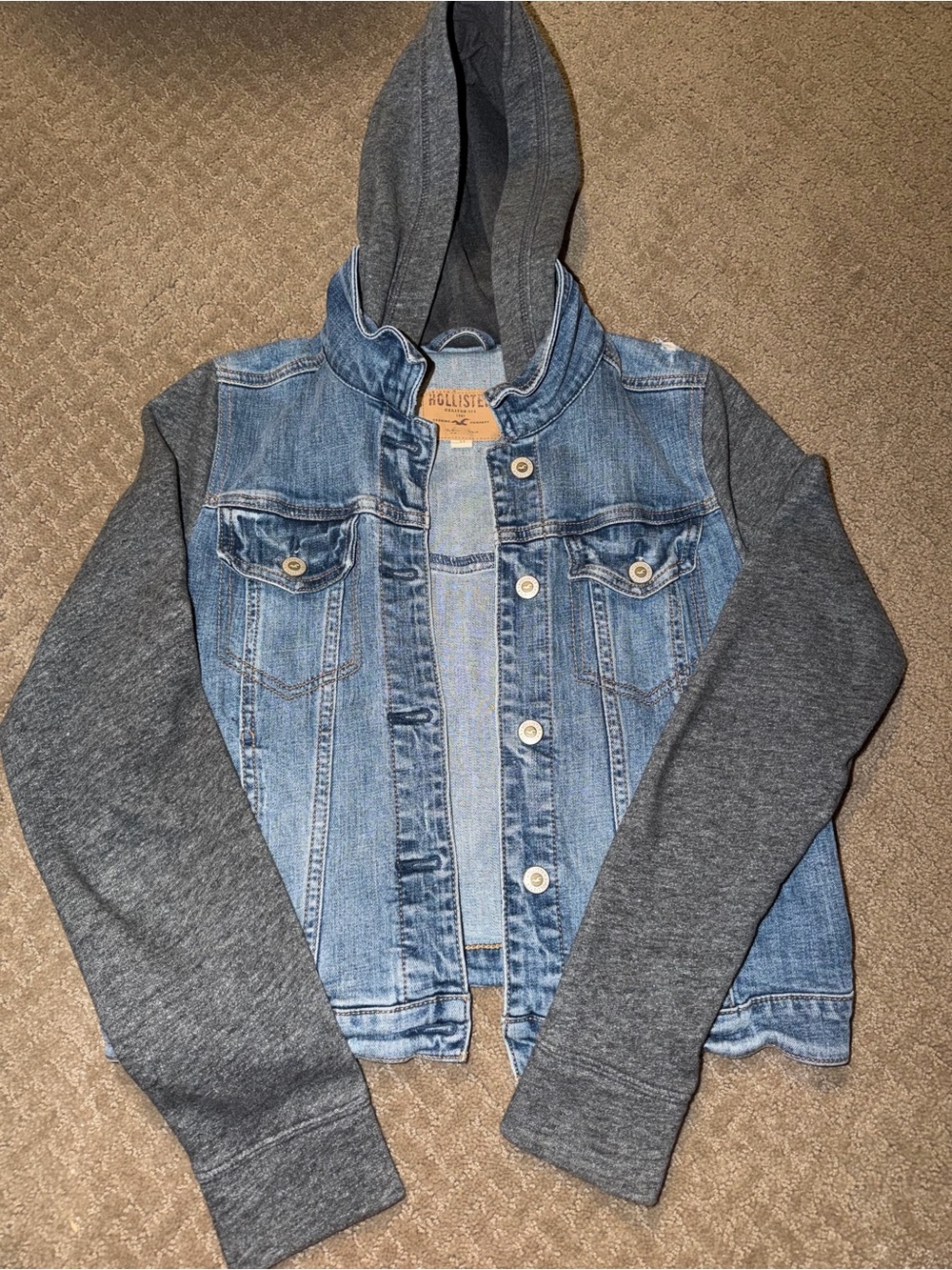 Hollister Light Blue Denim Jacket with Gray Hoodie Sleeves